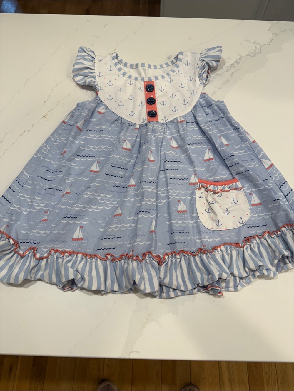 Blue Sailboat Print Girls' Cotton Tunic with Pocket